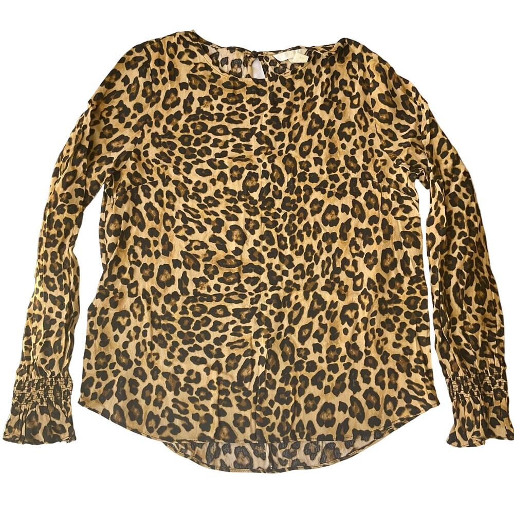 H&M Women’s Long Sleeve Screw Neck Fashionita Blouse size 6 US,Leopard Brown Tan